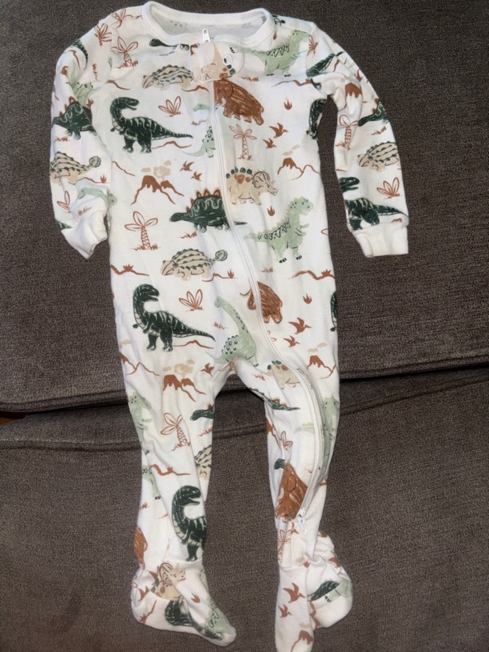 Baby Dino Print Footed One-Piece Pajamas - Green & Brown